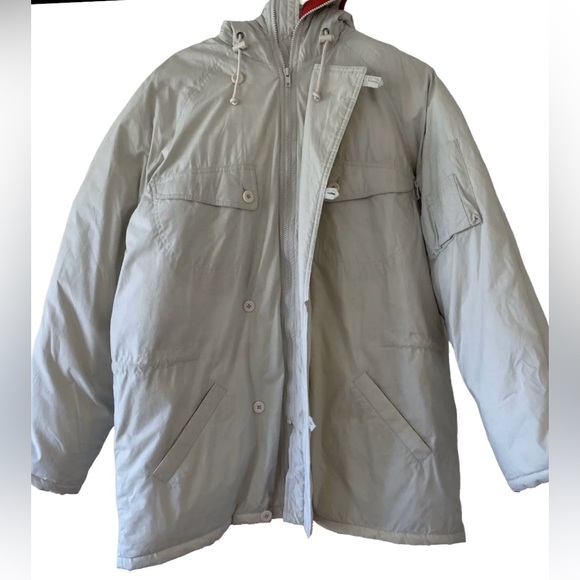 DASH Winter Parka Coat Women's Small Tan Red Duck Down Hood Zipper Buttons - Picture 3 of 16